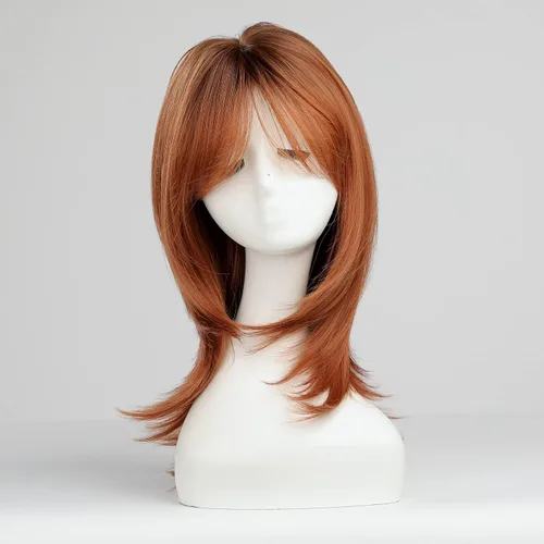Vista 3 de HAIRCUBE Pelucas Auburn para Mujeres, Pelucas Largas en Capas Naranjas con Flequillo, Pelucas de Fibra Sintética Resistentes al Calor