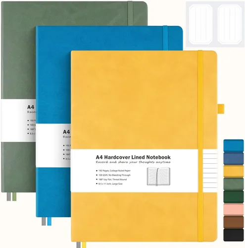 Vista 11 de Paquete de 3 cuadernos con rayas universitarias, cuaderno de cuero de tapa dura A4 para trabajo, cuaderno rayado diario para mujeres, hombres, 192
