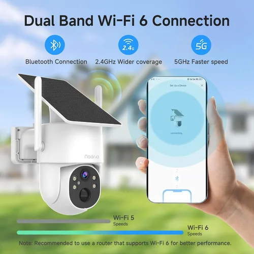 Vista 2 de Noorio Cámara de seguridad solar 2K inalámbrica para exteriores, inclinación panorámica de 360°, WiFi 6 de doble banda 2.4/5GHz, visión nocturna a
