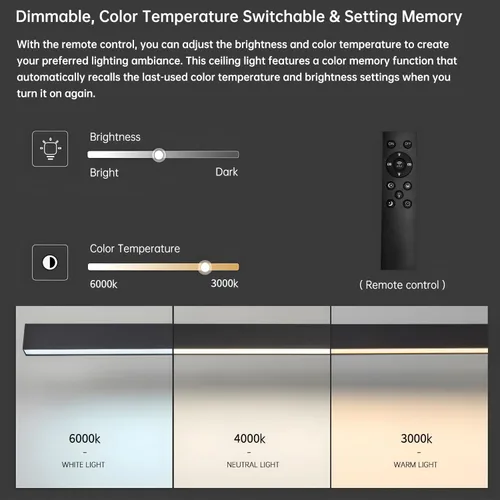 Vista 5 de Lámpara LED de techo negra, moderna y simple, instalación de superficie de techo de tira larga, adecuada para sala de estar, dormitorio, pasillo