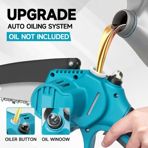 Vista 2 de Mini motosierra de mano inalámbrica de 6 pulgadas con engrasador automático, motosierra eléctrica portátil para cortar árboles/madera, bloqueo