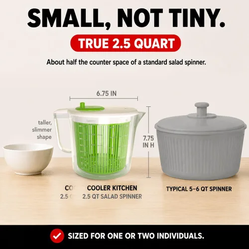 Vista 10 de Cooler Kitchen Pequeño plato giratorio para ensaladas, mini centrifugador y secadora de lechuga con tazón de taza medidora, lavadora compacta