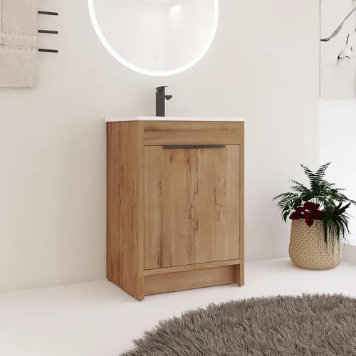 Vista 10 de Tocador de baño pequeño de 16 pulgadas con lavabo, tocador de baño independiente de 16" para espacios pequeños, gabinete de madera contrachapada