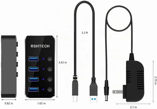 Vista 6 de RSHTECH - Concentrador USB 3.0 de 4 puertos alimentado, divisor de concentrador de datos USB de aluminio portátil con interruptor individual