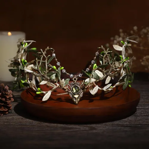 Vista 5 de MOSTORY Corona de hoja de bosque hecha a mano, pieza de elfo de bosque, hada, rama verde, tiara, círculos de vid élfica con borla de diamantes