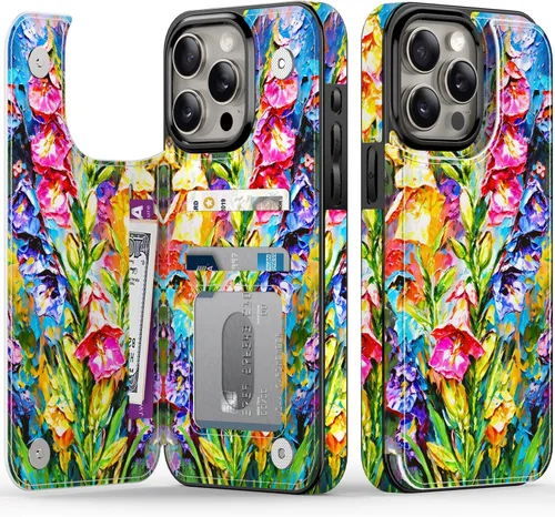 Vista 113 de FUNMIKO Funda tipo cartera para iPhone 15 con tarjetero + clip para efectivo, bloqueo RFID, protección contra caídas de grado militar y obras
