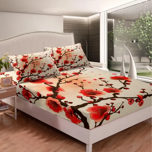 Vista 2 de Sábana bajera ajustable con diseño floral botánico para habitación de niños, diseño floral botánico para habitación de niños, diseño de ramas
