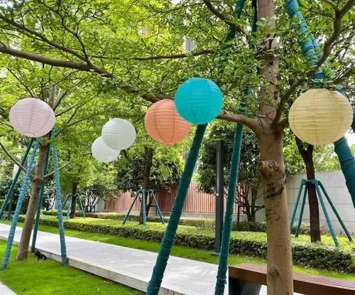 Vista 6 de Faroles de papel melocotón de 8 pulgadas, decoración de fiesta, linternas de papel colgantes chinas para cumpleaños, bodas, Navidad, novia