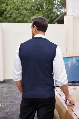 Vista 3 de COOFANDY Chaleco de suéter para hombre, sin mangas, cuello en V, ajustado, suéter de punto, chaleco casual de punto