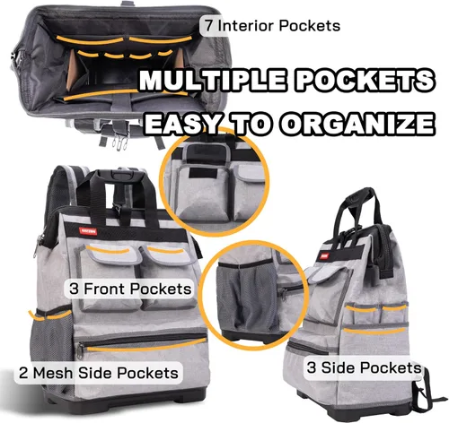 Vista 6 de Mochila de herramientas con compartimento para laptop Bolsas de herramientas resistentes con base moldeada impermeable, soporte trasero acolchado