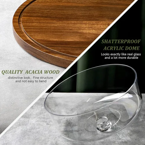 Vista 5 de ANBOXIT Soporte para pasteles con tapa de cúpula, plato de madera de acacia con tapa, soporte de exhibición de pastel de madera con cúpula acrílica