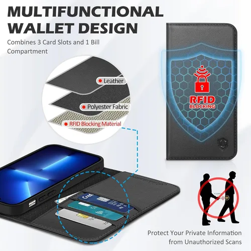 Vista 4 de SHIELDON Funda para iPhone 13, de piel auténtica, con función atril, bloqueo RFID, tarjetero de crédito, a prueba de golpes, protección completa