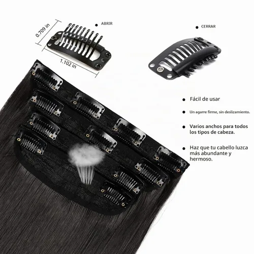 Vista 4 de Extensiones de cabello liso negro natural, extensiones de cabello con clip, extensiones de cabello suave para mujer, 20 pulgadas, extensiones de 2#