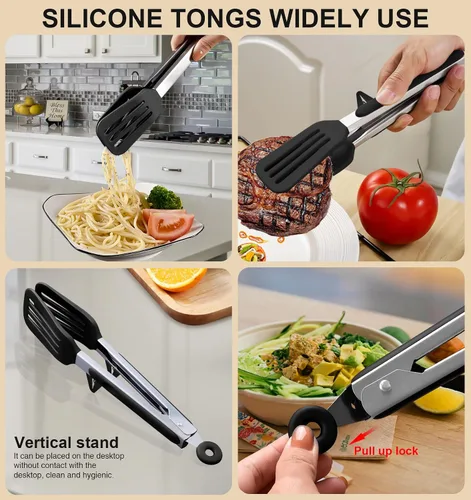 Vista 5 de Juego de 4 espátulas de silicona flexible y pinzas para alimentos de cocina con puntas de silicona, resistente al calor de 600 °F, ideal