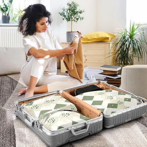 Vista 5 de Juego de 3 cubos de embalaje de viaje de eucalipto blanco romboide para maletas, plegable, bolsa de ropa, almacenamiento de armario, ahorro