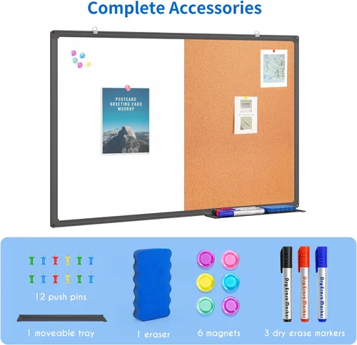 Vista 4 de Tablero blanco magnético y tablero de corcho Combo 24 "x 18" Marco de aluminio (negro)