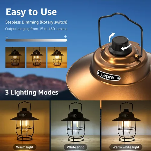 Vista 7 de Lepro Bundle - 2 artículos: Linterna de camping LED recargable vintage Lepro y LE LED linterna de camping recargable, 1000LM, 4 modos de luz