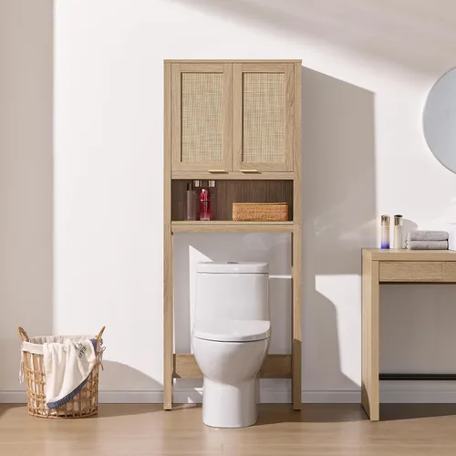 Vista 3 de SICOTAS Over the Toilet Storage Cabinet, Rattan Door Bathroom Organizer Roble claro recuperado