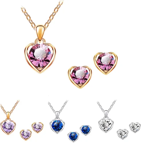 Vista 3 de Collares para mujer, joyería de moda, regalo de San Valentín, cadena de corazón con diamantes de imitación, aretes de tuerca, juego de joyería
