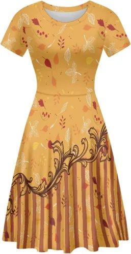 Vista 4 de Vestido de Halloween para mujer, manga corta, acampanado, vestido de cóctel, color naranja