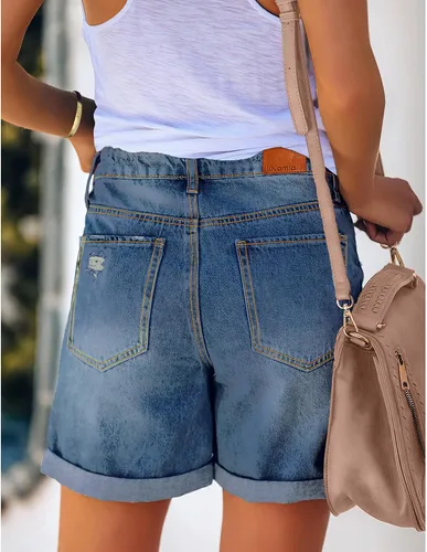 Vista 2 de luvamia Pantalones cortos de mezclilla rasgados casuales para mujer, cintura alta, desgastados, con dobladillo enrollado, pantalones cortos de jeans