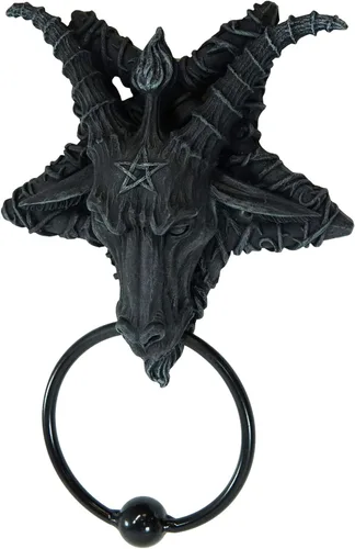Vista 4 de Ebros Samael Lilith Baphomet de piedra sintética sabática de cabra de Mendes con cabeza en pentagrama invertido estrella para puerta de 6.5 pulgadas