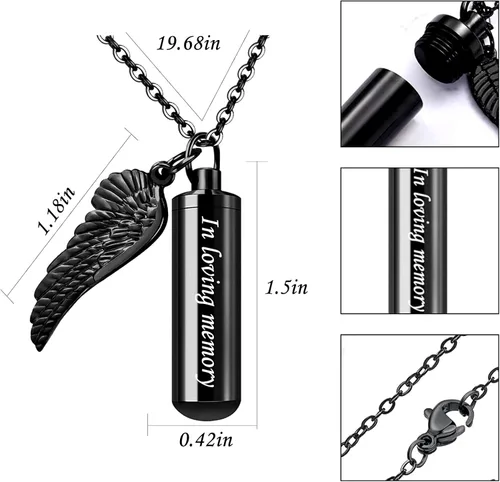 Vista 2 de weikui Paquete de 3 collares de urna cilíndrica para cenizas, colgante de recuerdo conmemorativo con dije de ala de ángel, acero inoxidable