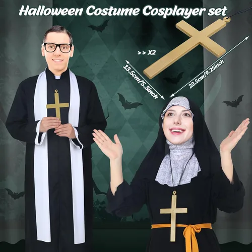 Vista 4 de Shinymoon Disfraz de sacerdote de Halloween con hábito de monja, bata de sacerdote de monja, accesorios de disfraz de cruz de monja, collar