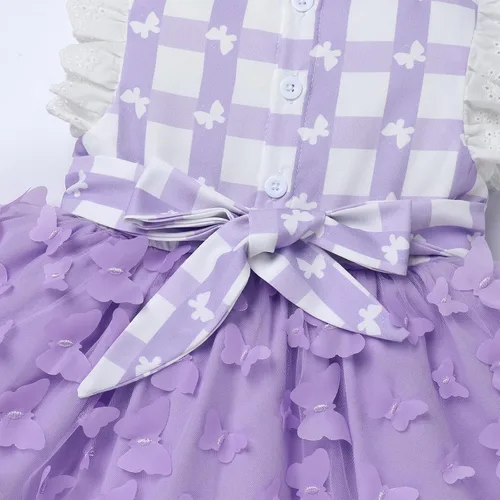 Vista 6 de Vestido tutú de verano para niña, sin mangas, a cuadros, vestido de fiesta de cumpleaños, vestido de fiesta con lazo de flores y diadema