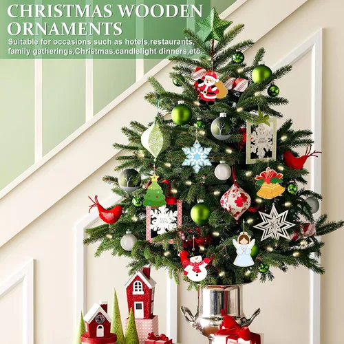 Vista 2 de 80 adornos navideños de madera para pintar, 8 estilos de bricolaje en blanco de madera sin terminar: reno, Papá Noel, bola de árbol de Navidad
