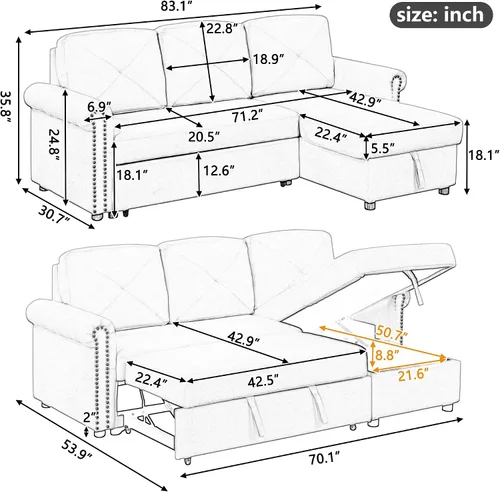 Vista 2 de Harper & Bright Designs Sofá cama moderno de 83 pulgadas, sofá modular convertible, sofá esquinero en forma de L de 3 plazas con diván de Gris (83")