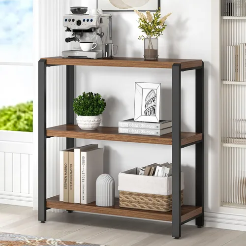 Vista 15 de FOLUBAN Estantería, Librero Moderno de 3 Niveles, Estantes de Libros de Madera y Metal para Sala de Estar, Oficina, Dormitorio, Roble Negro Rústico