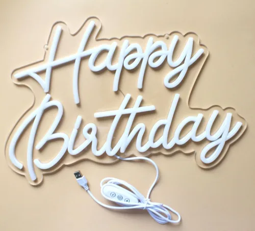Vista 6 de Letrero LED de neón de feliz cumpleaños con interruptor regulable, decoración de fiesta, blanco cálido, funciona con USB, para telón de fondo