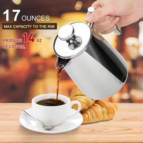 Vista 2 de Secura Cafetera de prensa francesa, 17 onzas, prensa de café aislada de acero inoxidable 304 con pantalla adicional