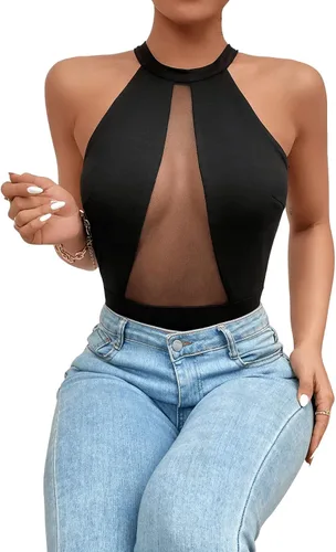 Vista 5 de SweatyRocks Body sin mangas para mujer, cuello redondo, corte alto, de malla, sin mangas
