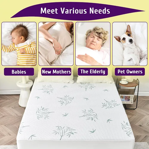 Vista 6 de Protector de colchón impermeable de tamaño matrimonial, transpirable y refrescante, estilo sábanas bajeras, bolsillos de 6 a 16 pulgadas