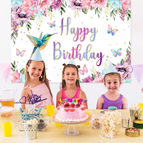 Vista 8 de MEHOFOND Fondo de cumpleaños de colibrí de 7 x 5 pies, fondo floral de acuarela de primavera para niña, suministros de fiesta de primer cumpleaños