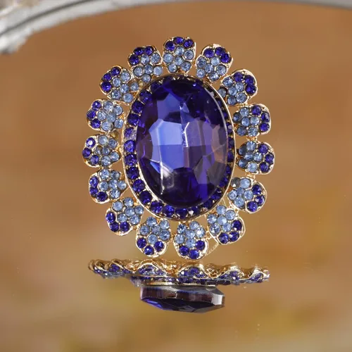 Vista 6 de Anillo de declaración de cristal azul dorado antiguo para mujer, anillo ovalado de diamantes de imitación, anillo de cóctel exagerado, anillo