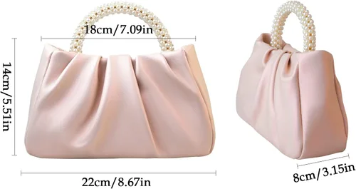 Vista 2 de LAKSMI Bolsos de mano de noche con perlas para mujer, de cuero suave, fruncidos, bolsos cruzados para bodas, fiestas, bailes de graduación