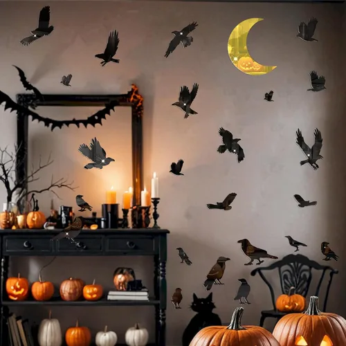 Vista 14 de Barri Design Calcomanías de pared de murciélago de Halloween, árbol de luna, bruja, calcomanías de pared extraíbles para Halloween, calcomanías