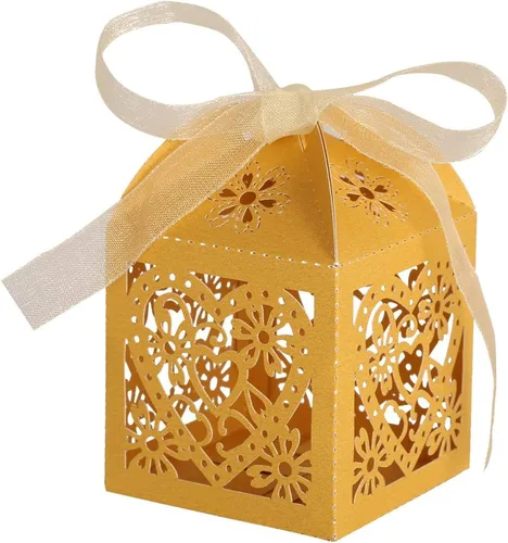 Vista 9 de Paquete de 50 cajas de dulces de boda con corazones cortados con láser, cajas de regalo pequeñas para bodas, despedidas de soltera, aniversarios, 01