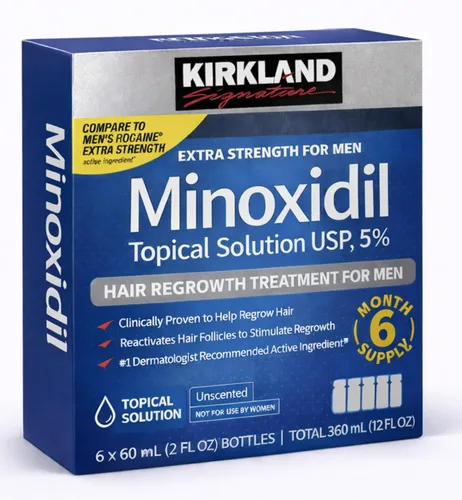 Vista 2 de Kirkland Signature Tratamiento de crecimiento del cabello extra fuerte para hombres, solución tópica de minoxidil al 5%, 2 onzas líquidas, paquete