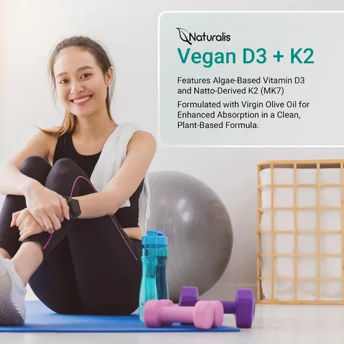 Vista 7 de Naturalis Vitamina vegana D3+K2 de algas 5000 UI D3 con 120 mcg MK7 Certificado de la sociedad vegana, de origen sostenible, mejor que
