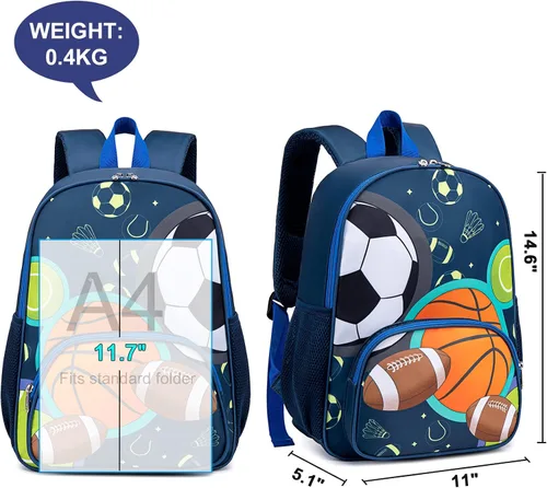 Vista 7 de BTOOP Mochila escolar para niños, mochila escolar para preescolar y jardín de infantes con unicornio con clip para el pecho, Sportball-azul marino