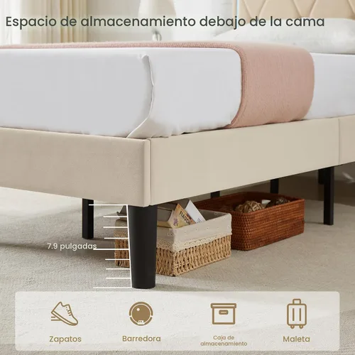Vista 5 de VECELO - Base de cama tapizada tamaño Queen con cabecera ajustable, cama de plataforma de terciopelo con luces LED, estación de carga, base