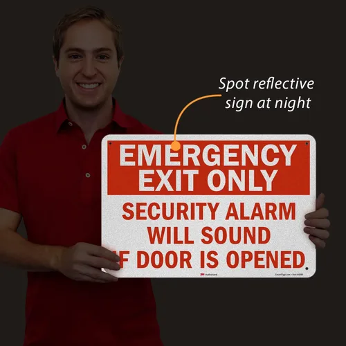 Vista 8 de SmartSign Letrero de metal con texto en inglés «Emergency Exit Only – Security Alarm Will Sound If Door Is Opened», aluminio de 63 mil