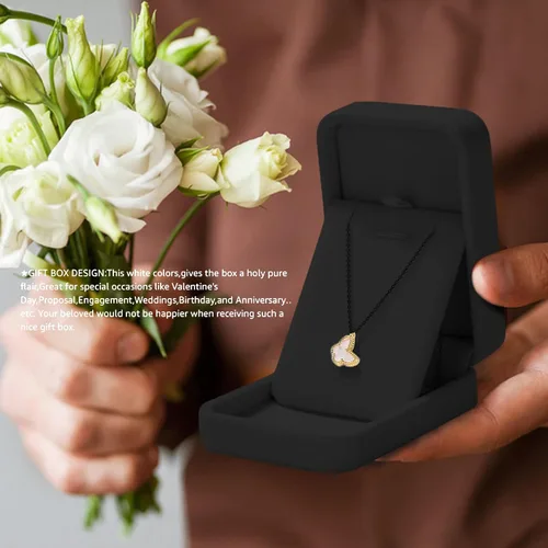Vista 7 de HESSION Juego de 2 joyas de terciopelo colgante collar caja de regalo de compromiso boda caso (negro)