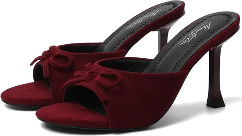 Vista 24 de Mostrin - Sandalias con tacón de gatitos para mujer, con punta redonda con lazo, vintage, sexy, de tacón aguja, sin talón, para fiesta y uso diario