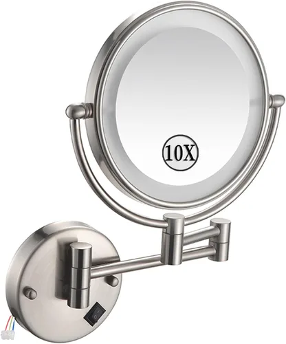 Vista 19 de KEYQEEN Espejo de maquillaje LED con luces, espejo de aumento de doble cara 1X/10X, espejo de aumento negro cableado montado en la pared giratorio