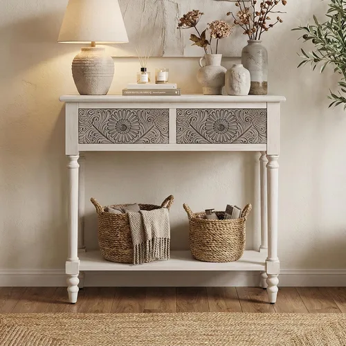 Vista 4 de HOMPUS Mesa consola con 2 cajones y 1 estante, mesa de entrada rectangular estrecha, mesa de sofá decorativa antigua y contemporánea para sala
